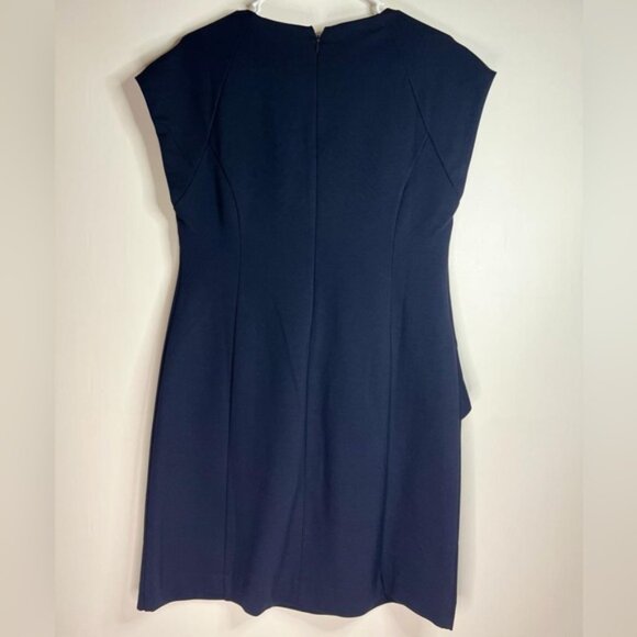 NWT BANANA REPUBLIC Crew Neck Asymmetrical Ruffle Navy Sheath Dress Lined Sz 8P - Picture 11 of 15